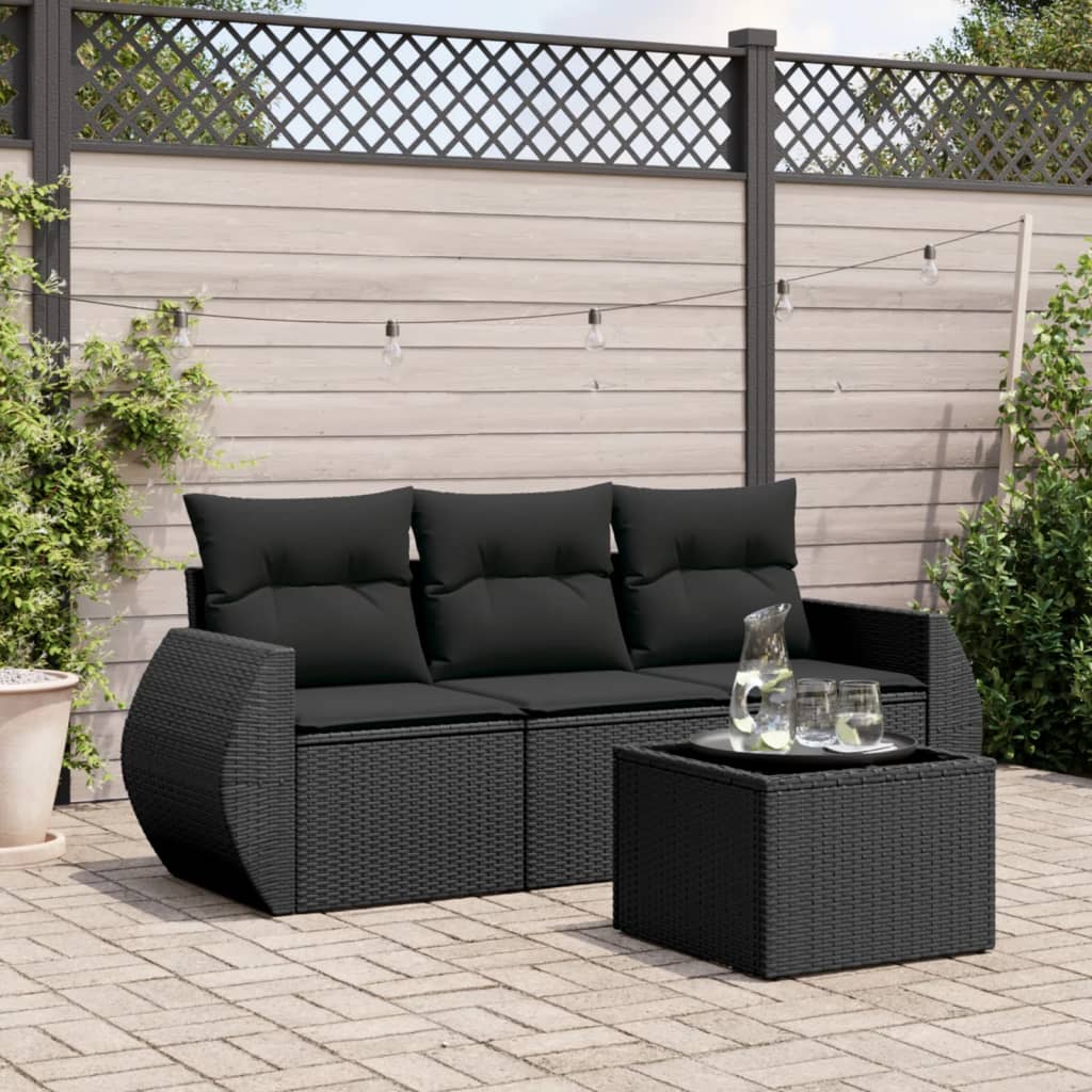vidaXL 3-delige Loungeset met kussens poly rattan zwart