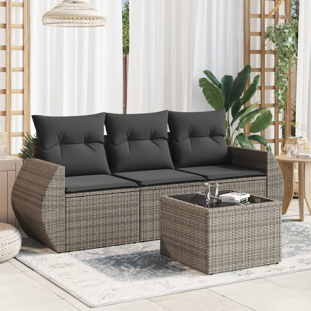 vidaXL 3-delige Loungeset met kussens poly rattan zwart