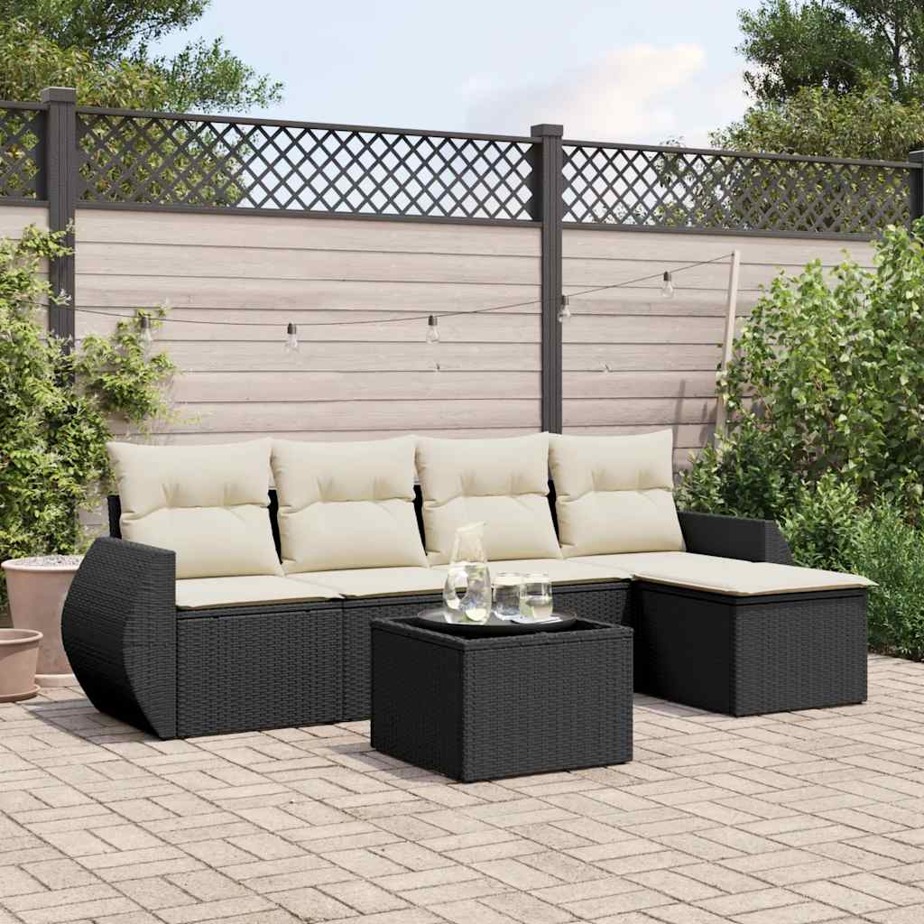 vidaXL 5-delige Loungeset met kussens poly rattan zwart