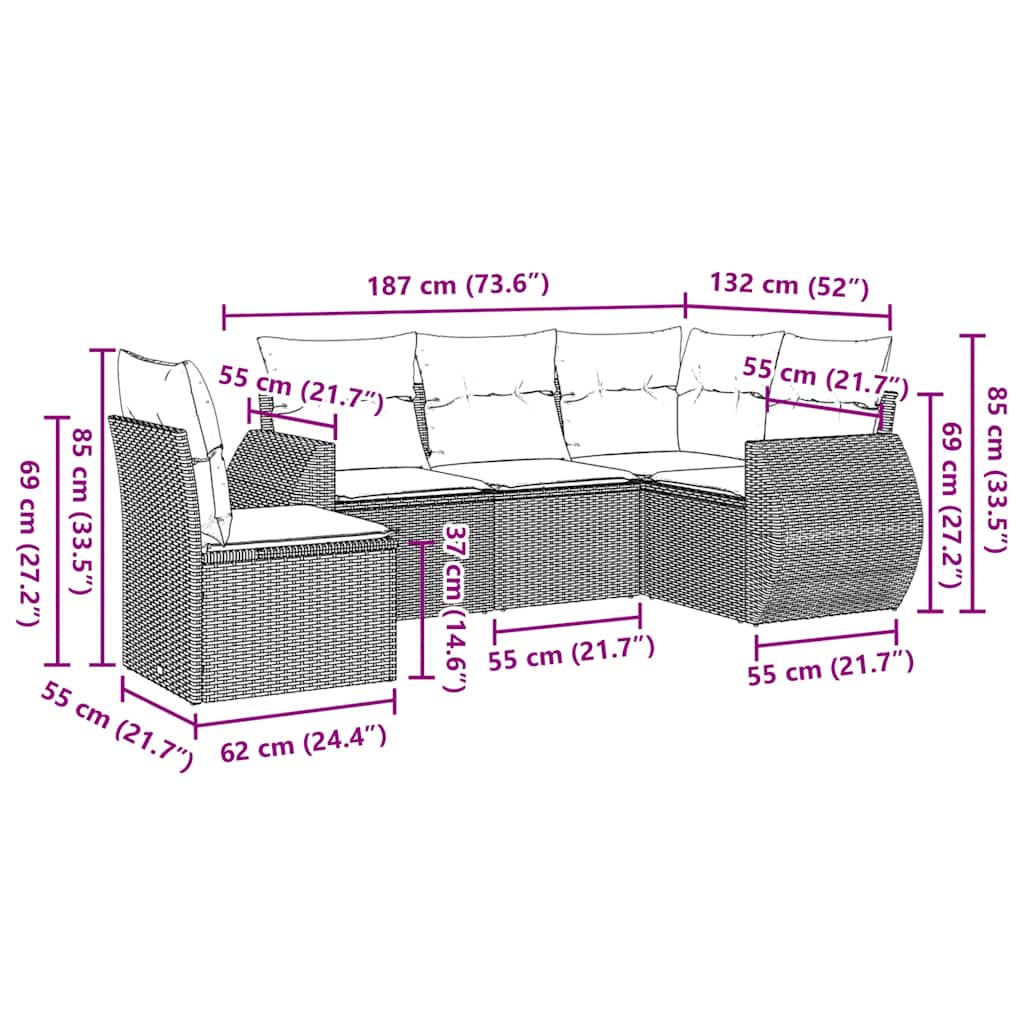 vidaXL 5-delige Loungeset met kussens poly rattan zwart