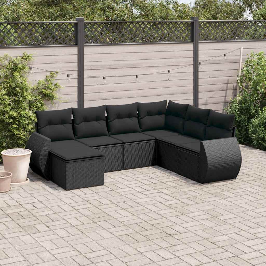 vidaXL 7-delige Loungeset met kussens poly rattan zwart