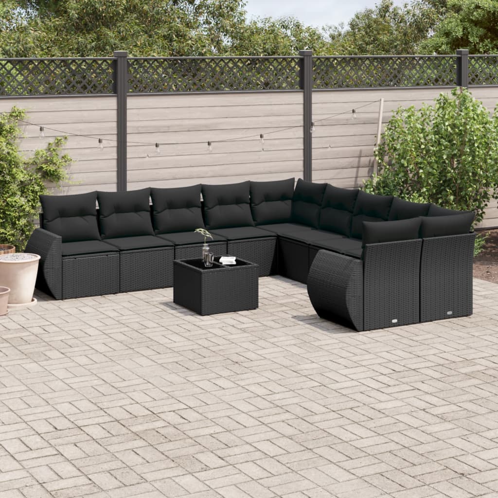vidaXL 10-delige Loungeset met kussens poly rattan zwart