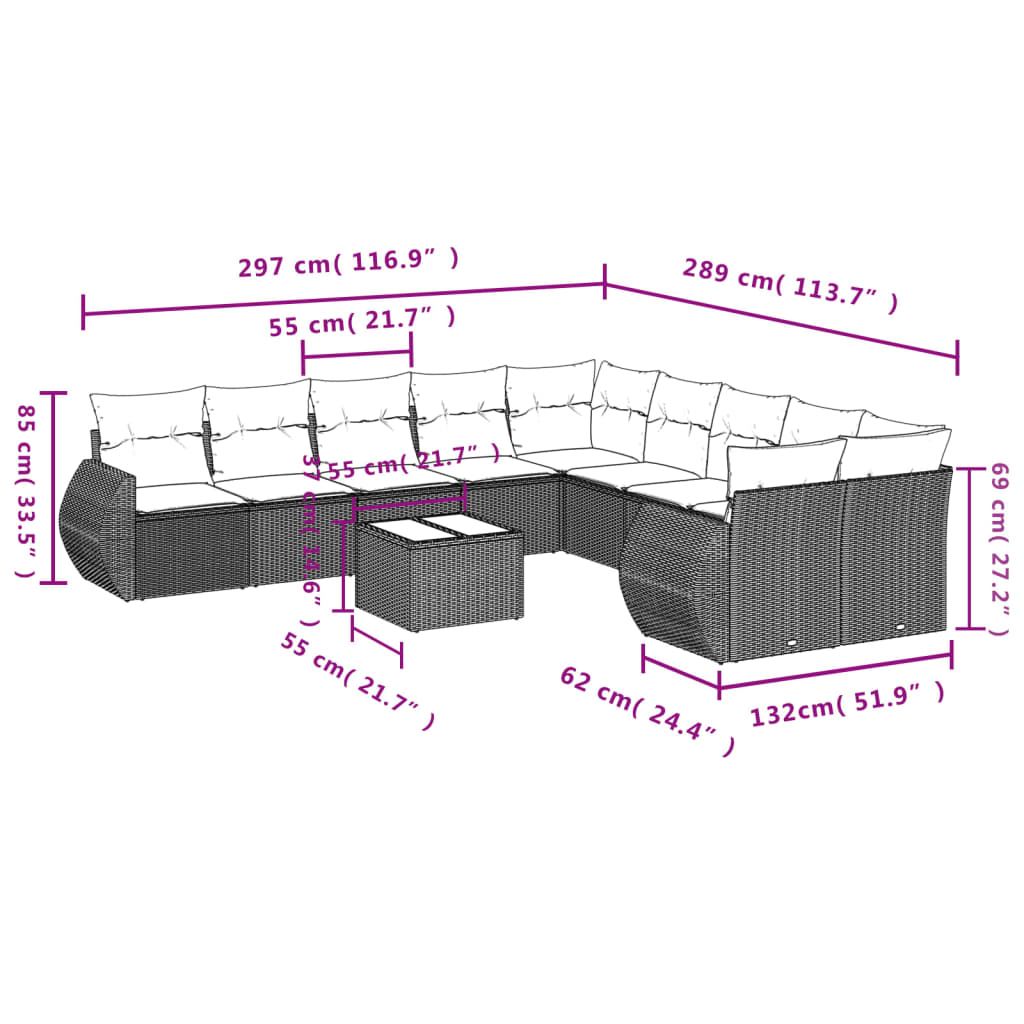 vidaXL 10-delige Loungeset met kussens poly rattan zwart
