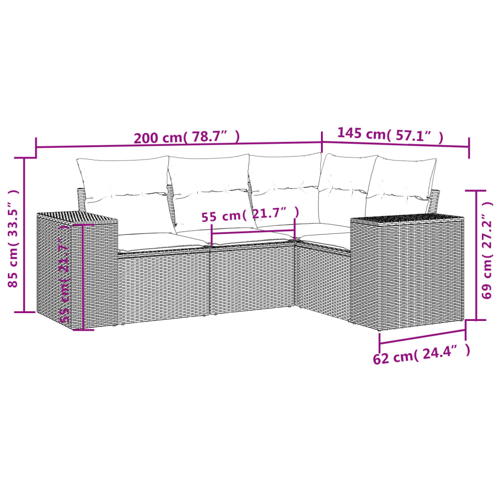 vidaXL 4-Piece Poly Rattan Lounge Set with Cushions Black