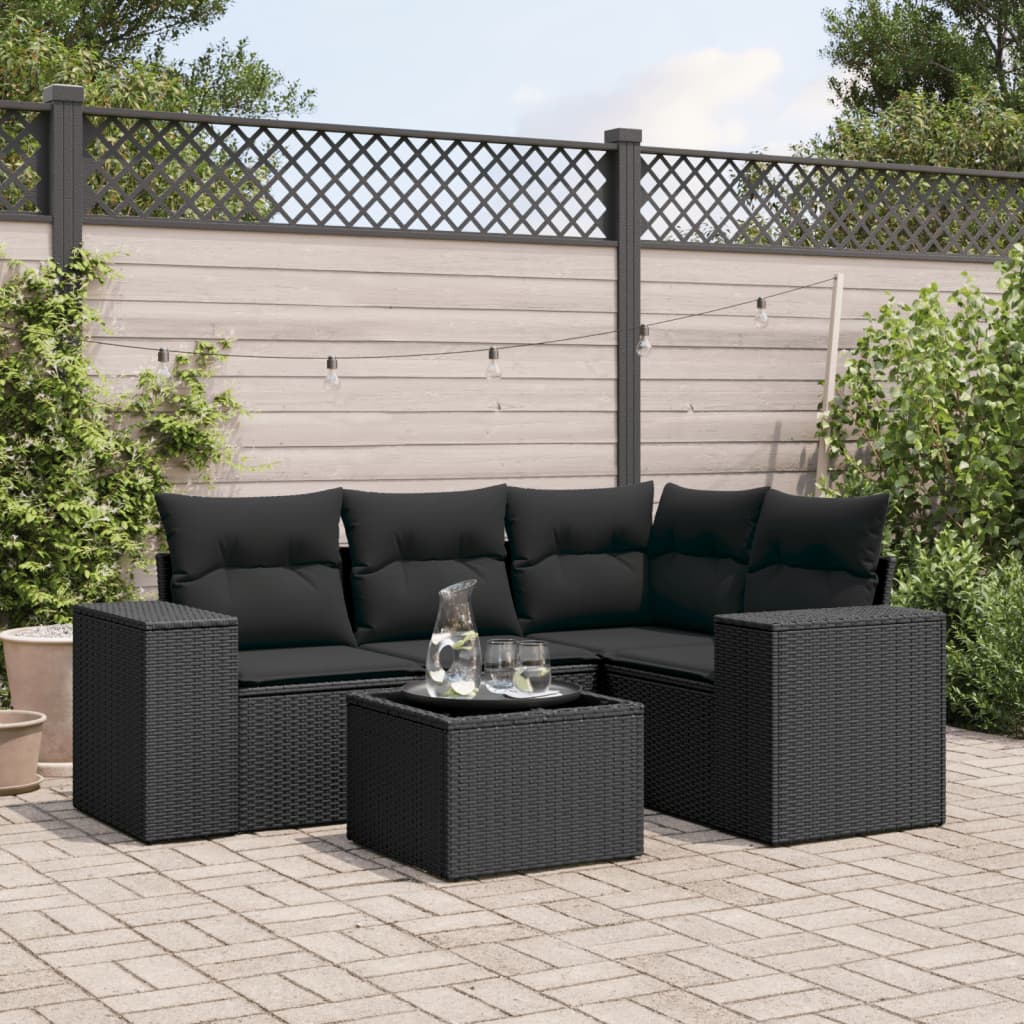 vidaXL 4-Piece Poly Rattan Lounge Set with Cushions Black