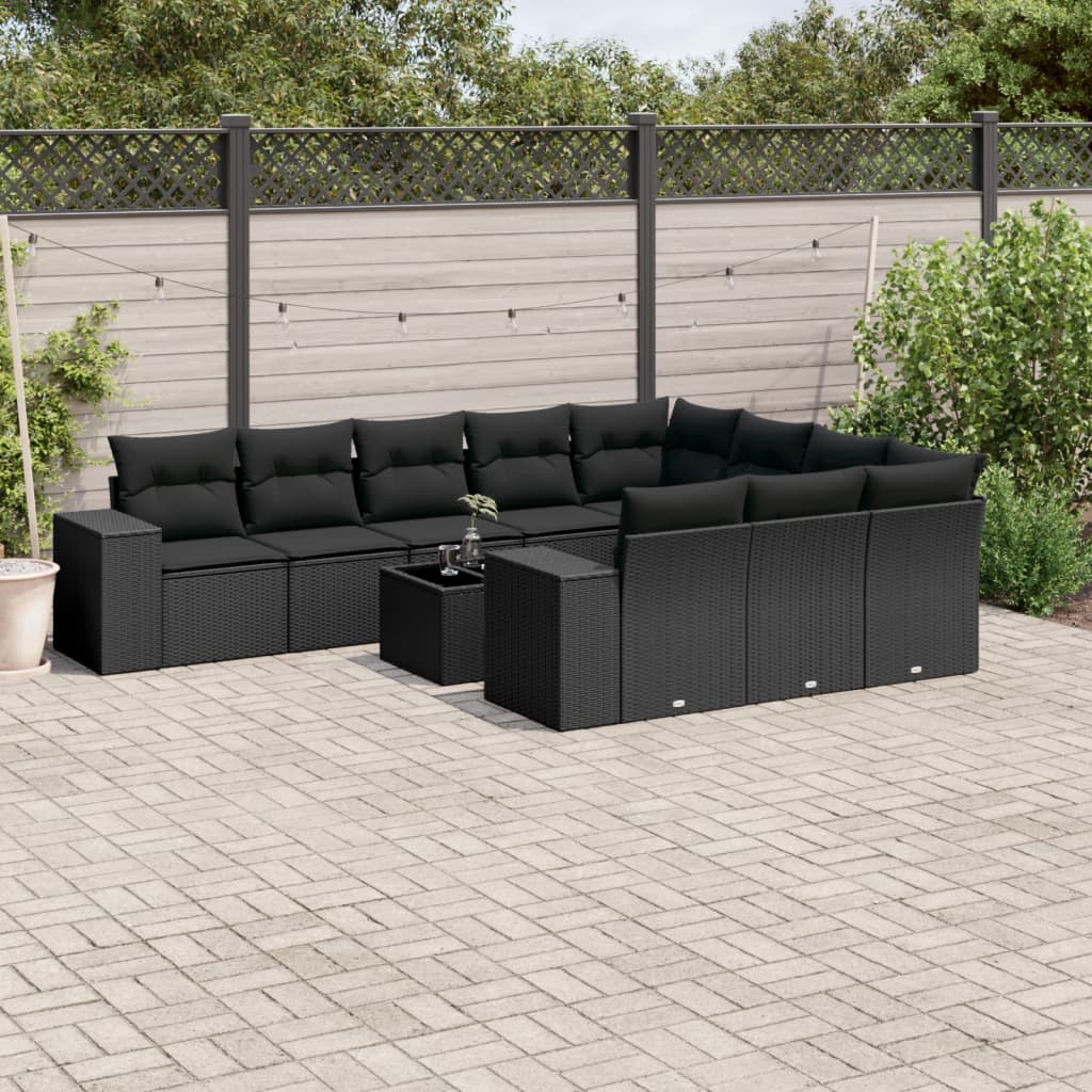vidaXL 10-delige Loungeset met kussens poly rattan zwart