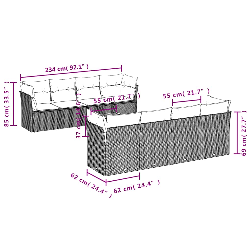 vidaXL 9-delige Loungeset met kussens poly rattan zwart