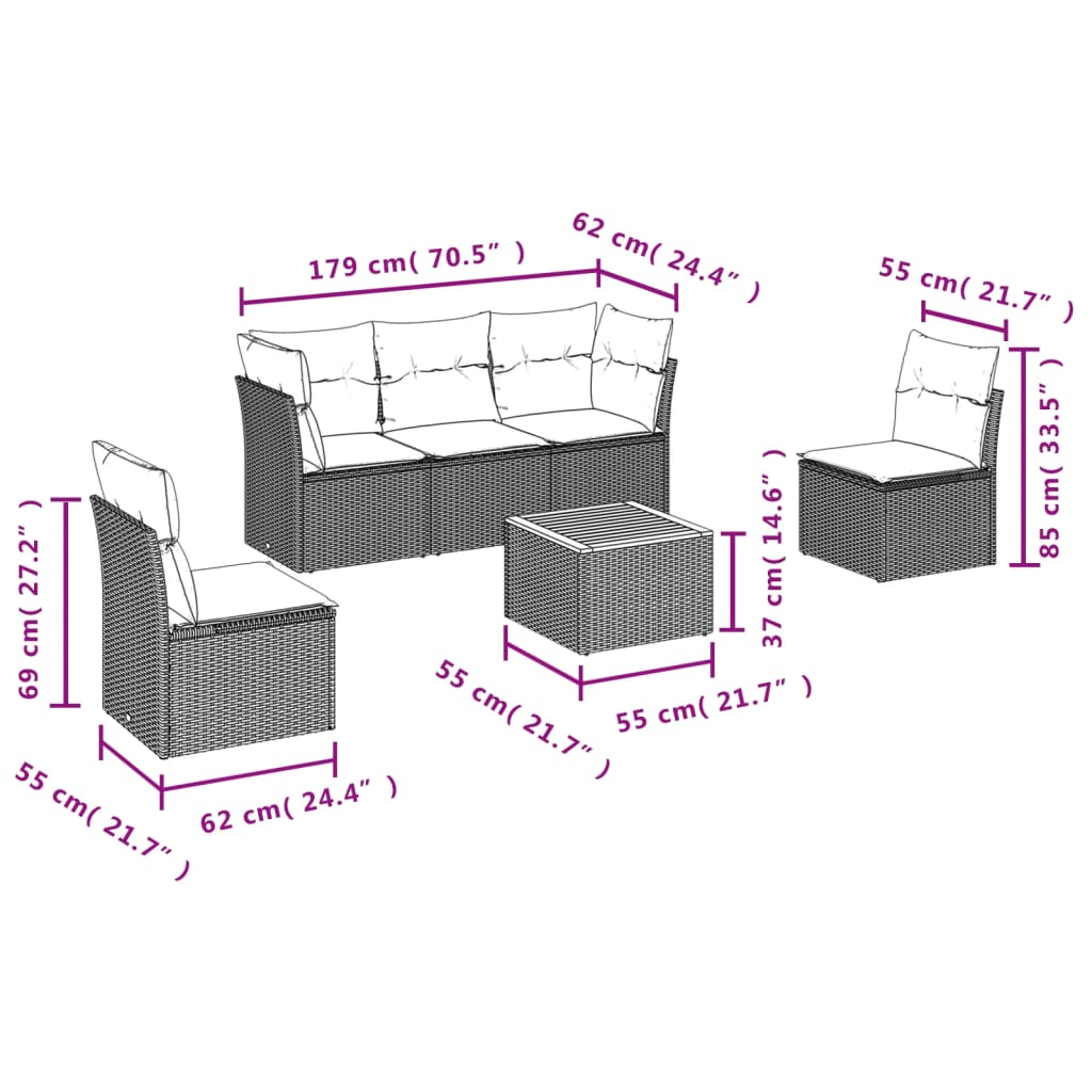 vidaXL 6-delige Loungeset met kussens poly rattan grijs