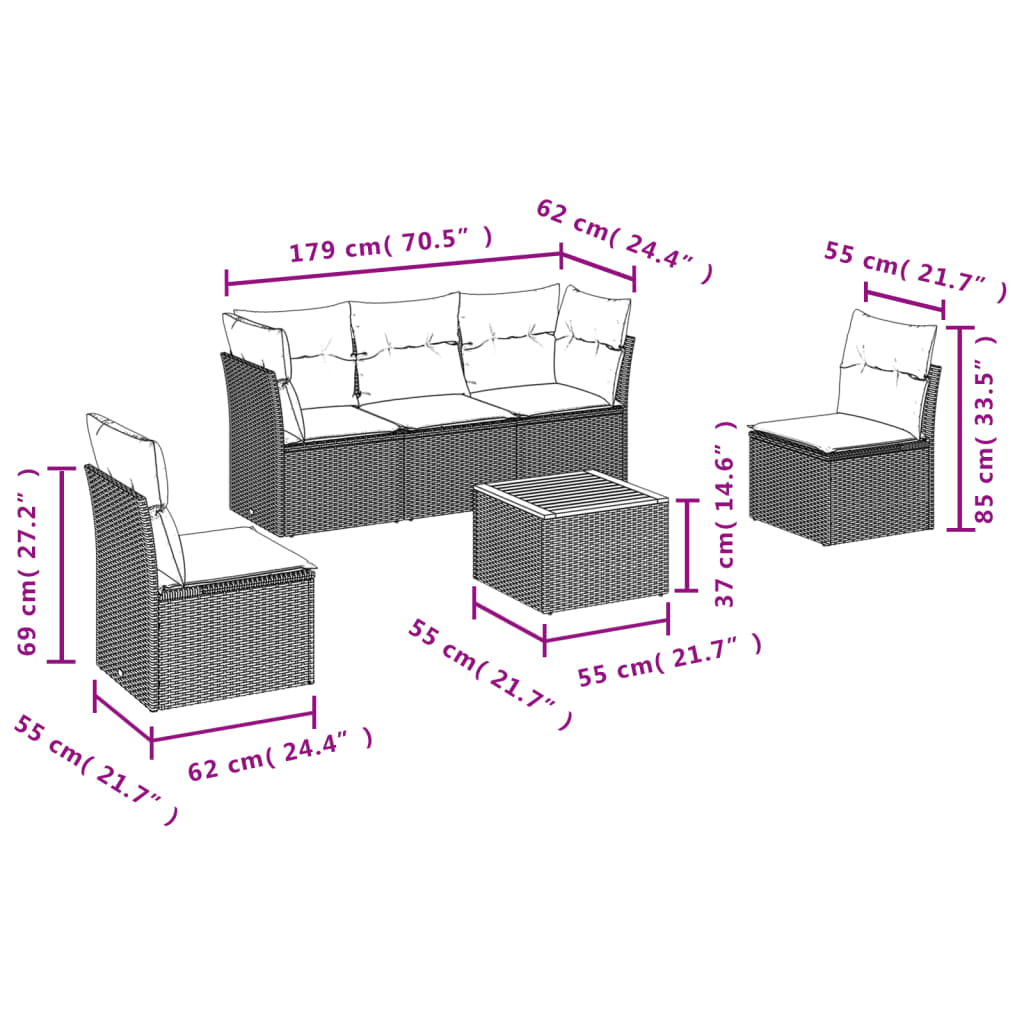 vidaXL 6-piece Lounge Set with Cushions Poly Rattan Black