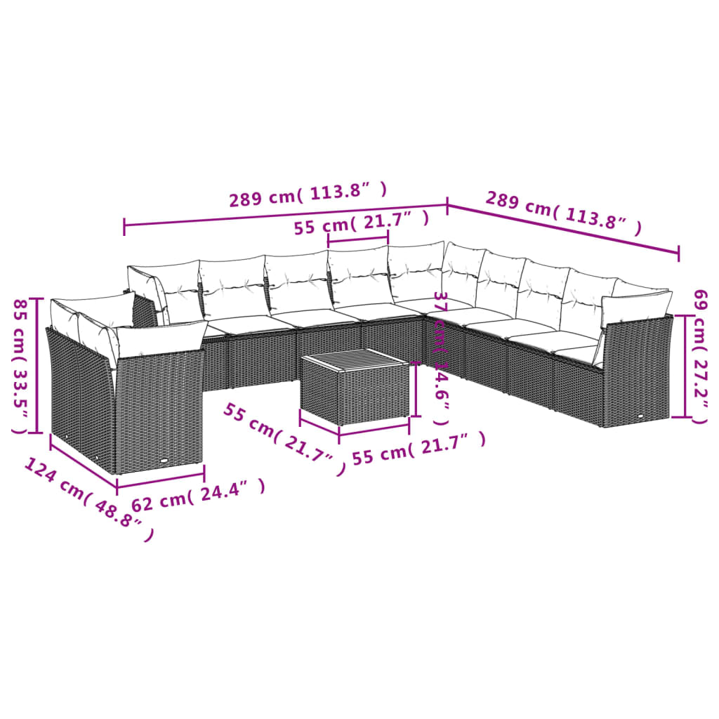 vidaXL 12-delige Loungeset met kussens poly rattan zwart