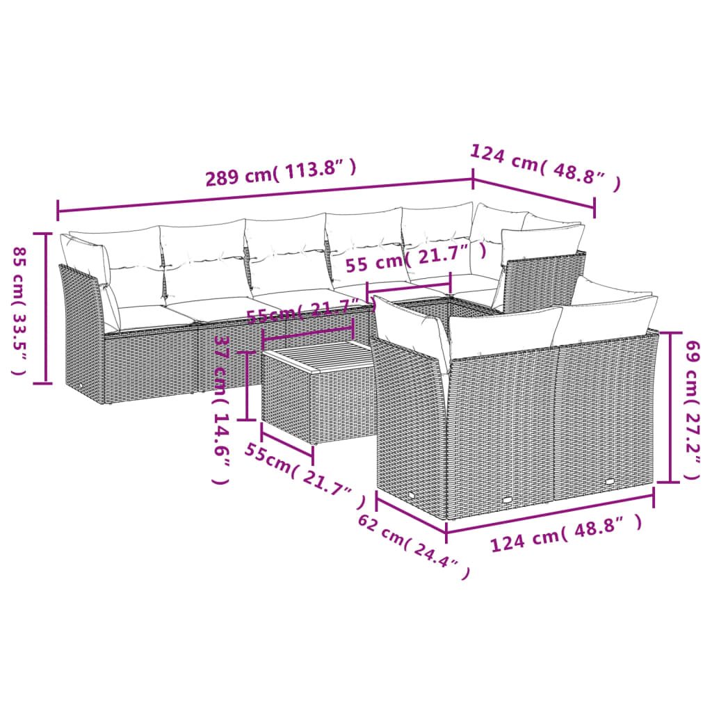 vidaXL 9-delige Loungeset met kussens poly rattan zwart