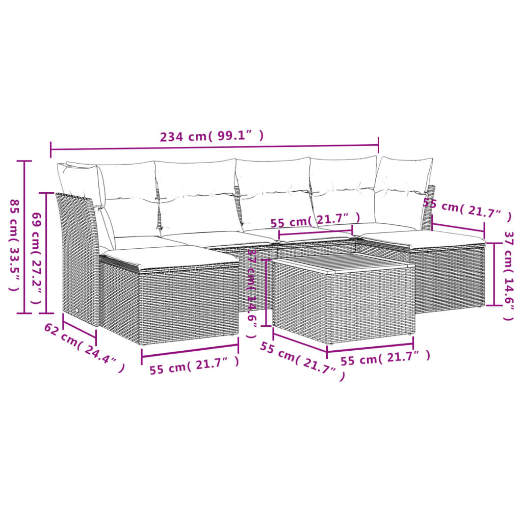 vidaXL 7-delige Loungeset met kussens poly rattan zwart