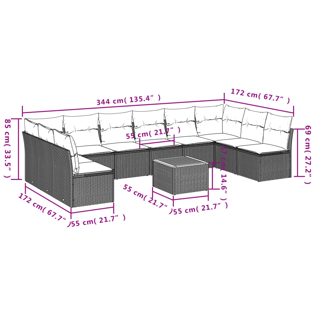vidaXL 11-Piece Lounge Set with Cushions Poly Rattan Black