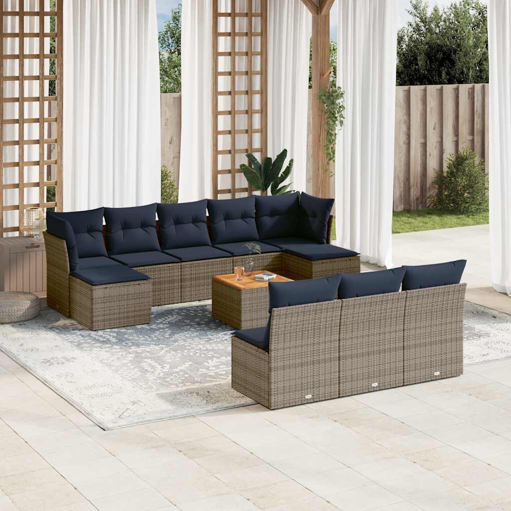 vidaXL 11-Piece Garden Lounge Set with Cushions, Grey Poly Rattan