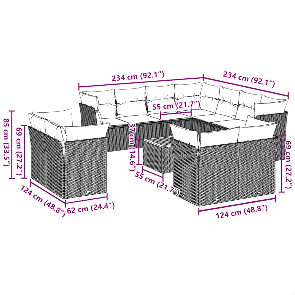 vidaXL 12-Piece Loungeset with Cushions Poly Rattan Black