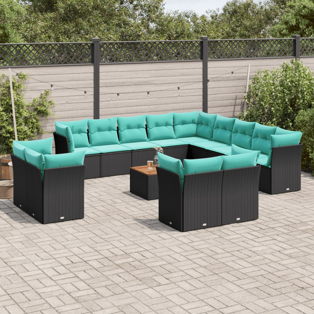 vidaXL 14-delige Loungeset met kussens poly rattan zwart