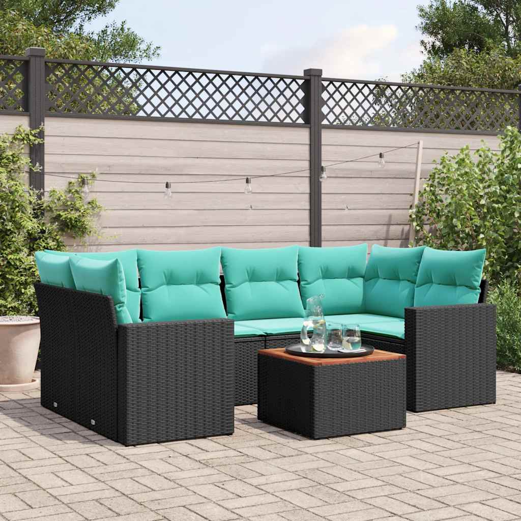 vidaXL 7-delige Loungeset met kussens poly rattan zwart