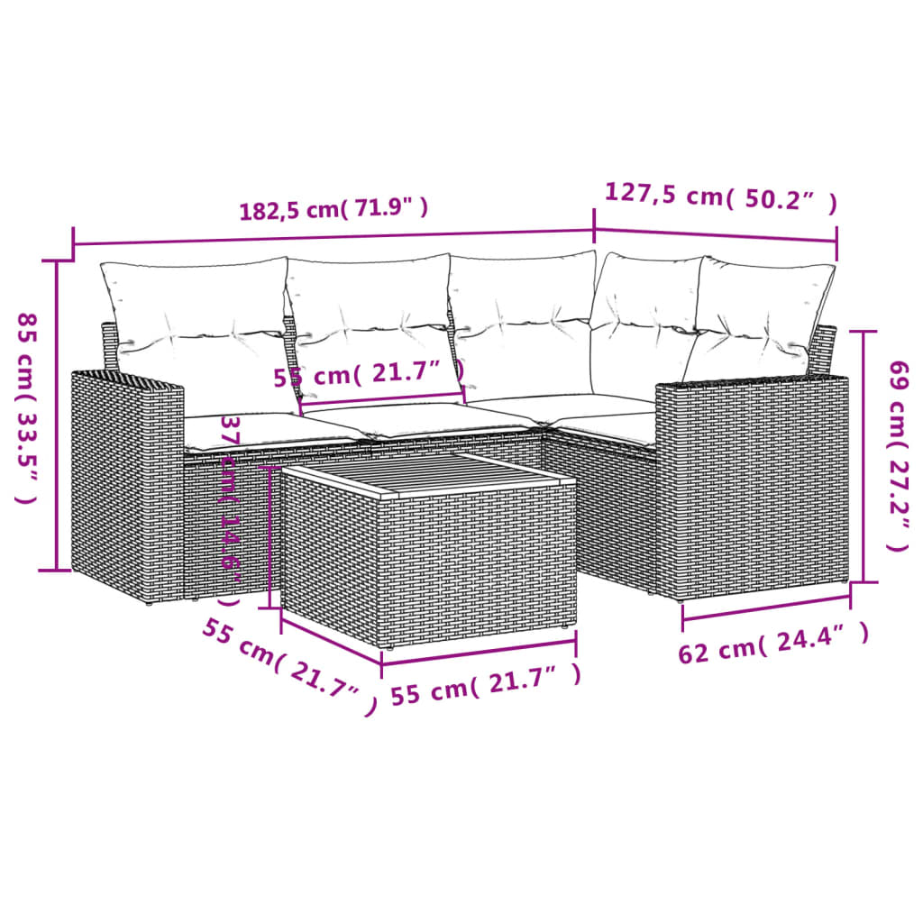 vidaXL 5-delige Loungeset met kussens poly rattan zwart