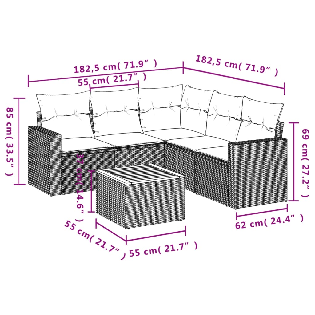 vidaXL 6-Piece Lounge Set with Cushions Poly Rattan Black