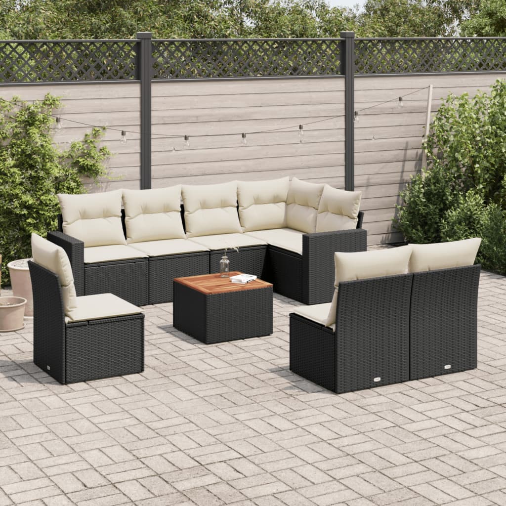 vidaXL 9-delige Loungeset met kussens poly rattan zwart
