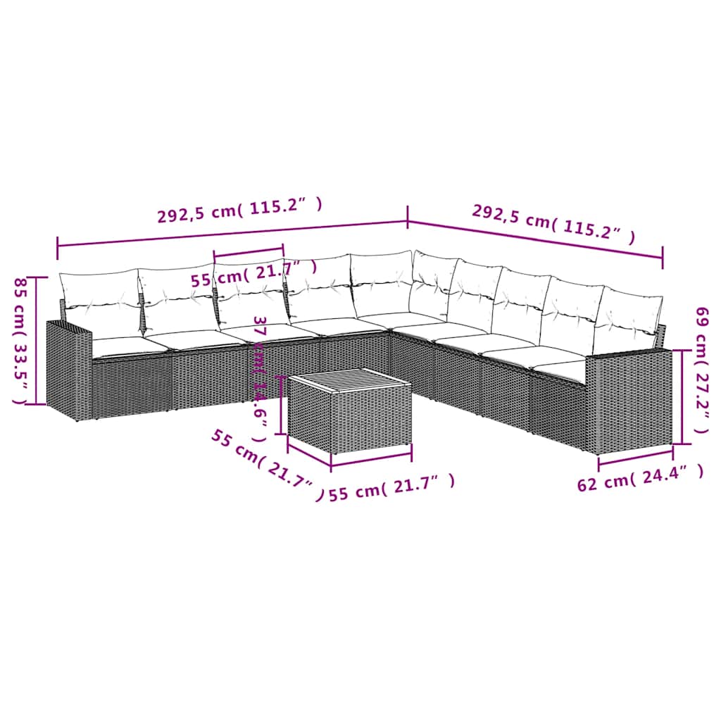 vidaXL 10-delige Loungeset met kussens poly rattan grijs