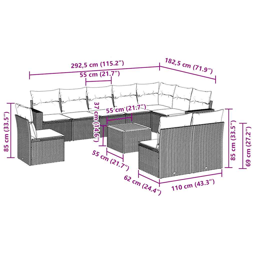 vidaXL 11-delige Loungeset met kussens poly rattan grijs