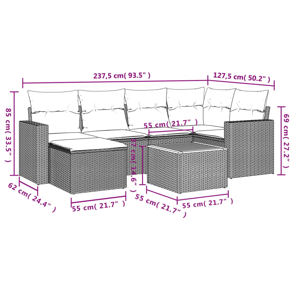 vidaXL 7-Piece Lounge Set with Cushions Poly Rattan Black