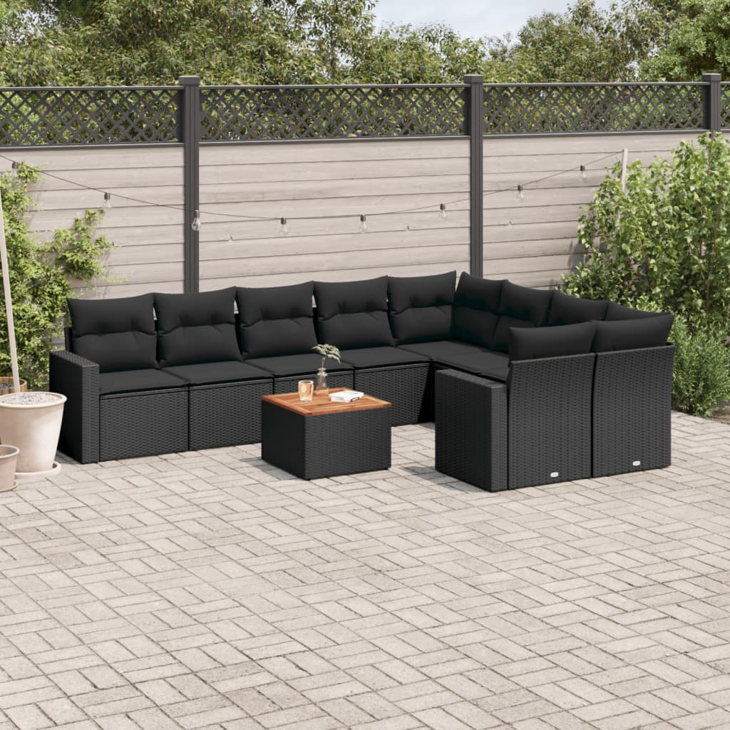 vidaXL 10-Piece Lounge Set with Cushions Poly Rattan Black