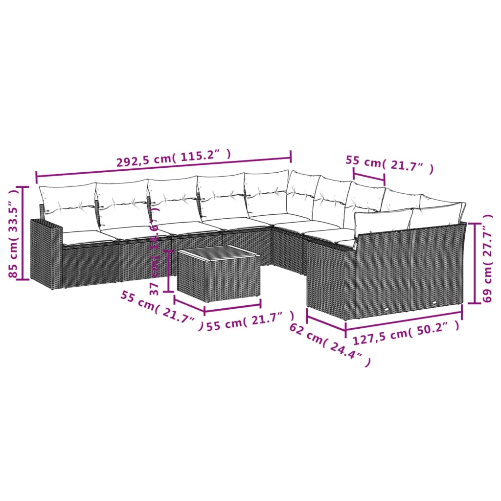 vidaXL 11-delige Loungeset met kussens poly rattan zwart