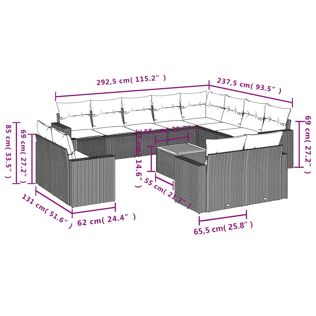 vidaXL 13-delige Loungeset met kussens poly rattan grijs