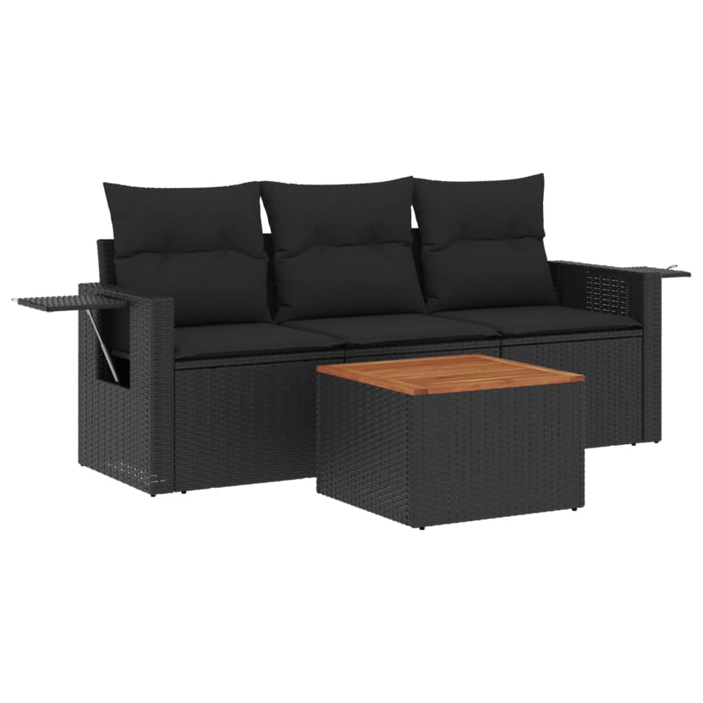 vidaXL 4-delige Loungeset met kussens poly rattan zwart