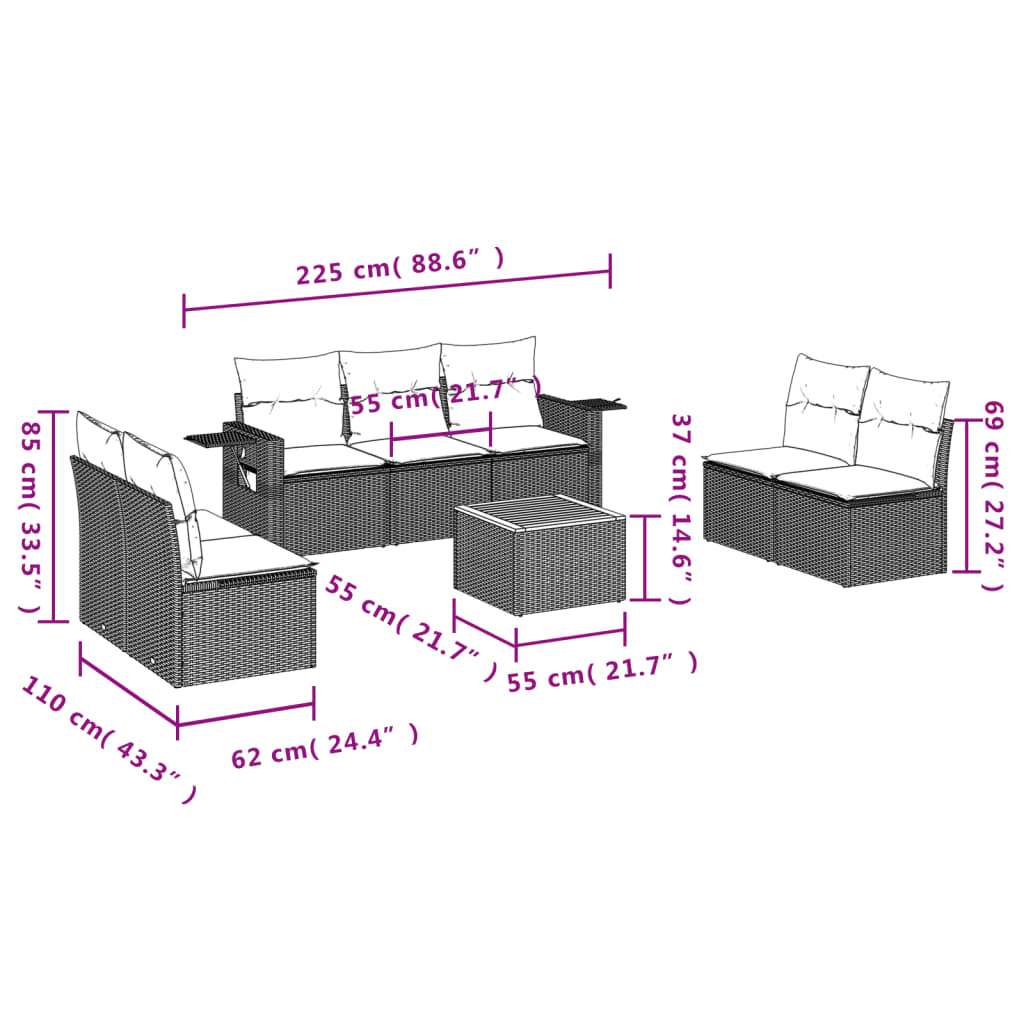 vidaXL 8-delige Loungeset met kussens poly rattan zwart