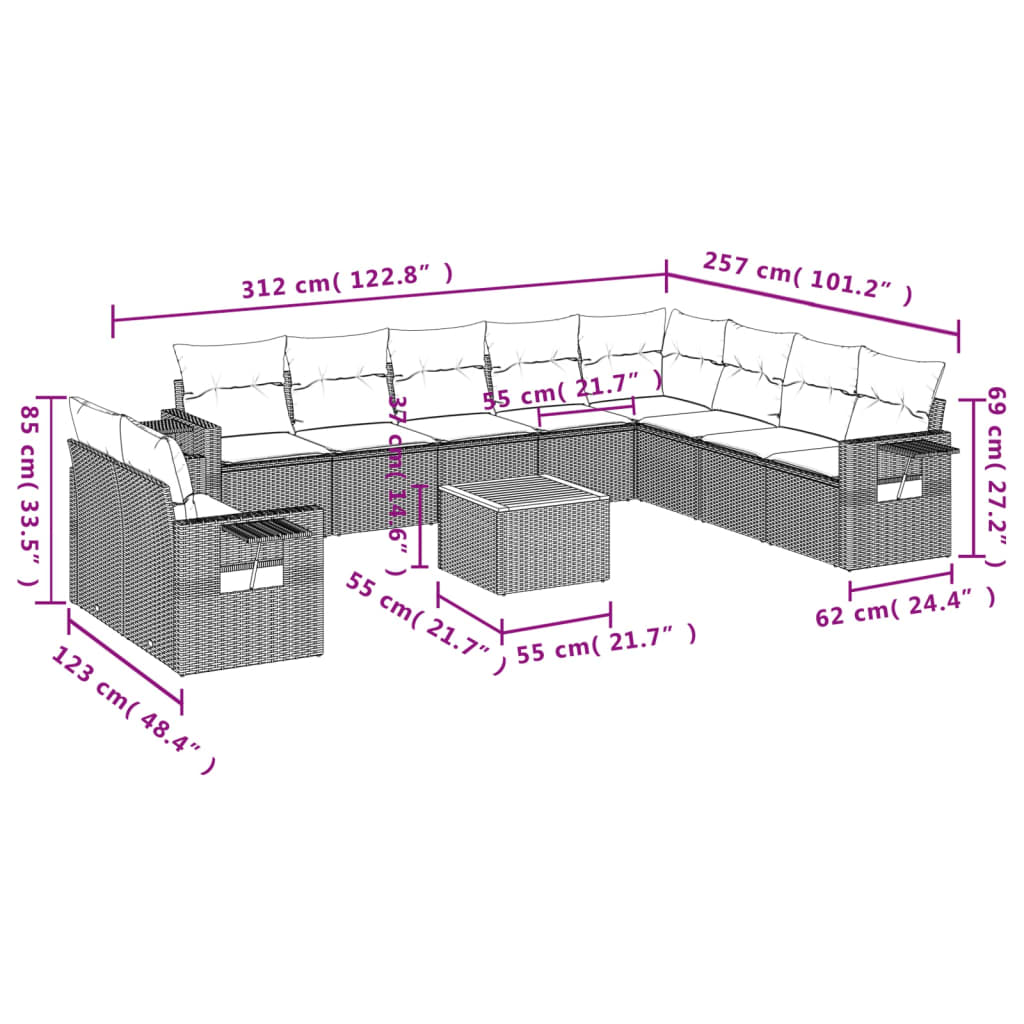 vidaXL 11-Piece Lounge Set with Cushions Poly Rattan Black
