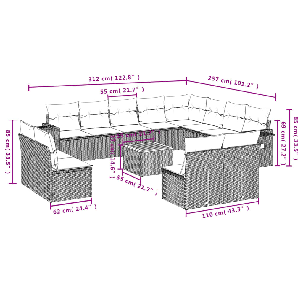 vidaXL 13-delige Loungeset met kussens poly rattan zwart