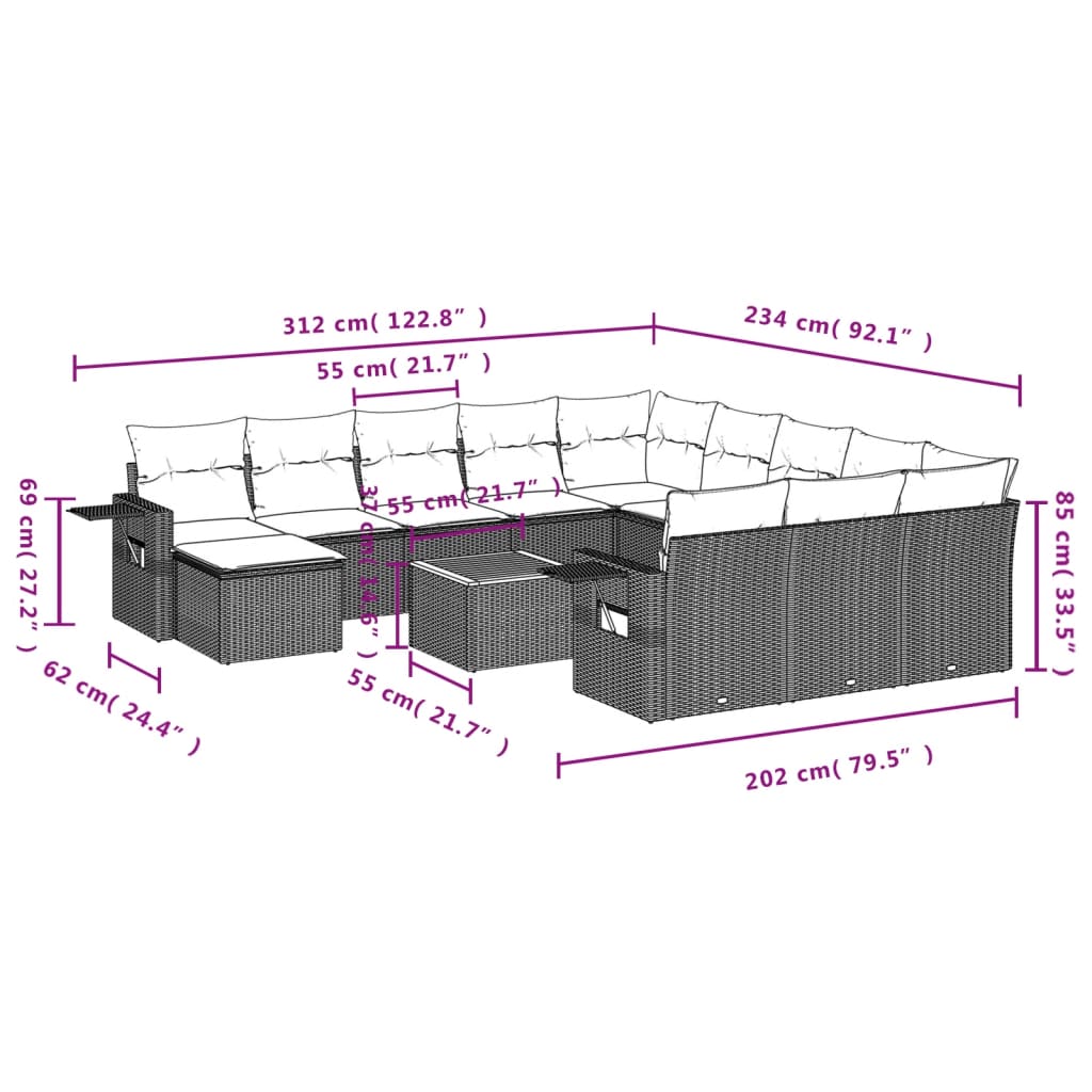 vidaXL 13-delige Loungeset met kussens poly rattan zwart