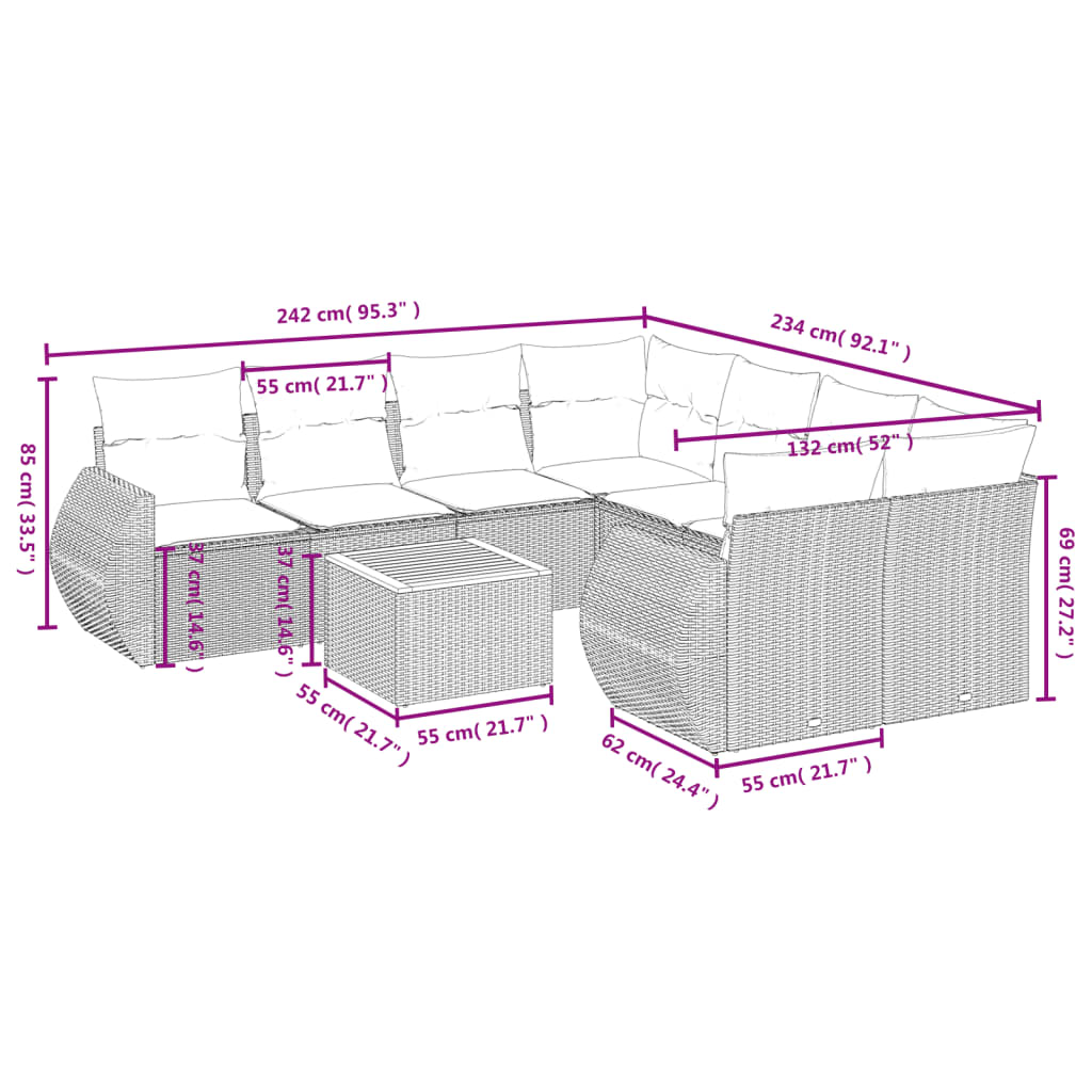 vidaXL 9-delige Loungeset met kussens poly rattan zwart