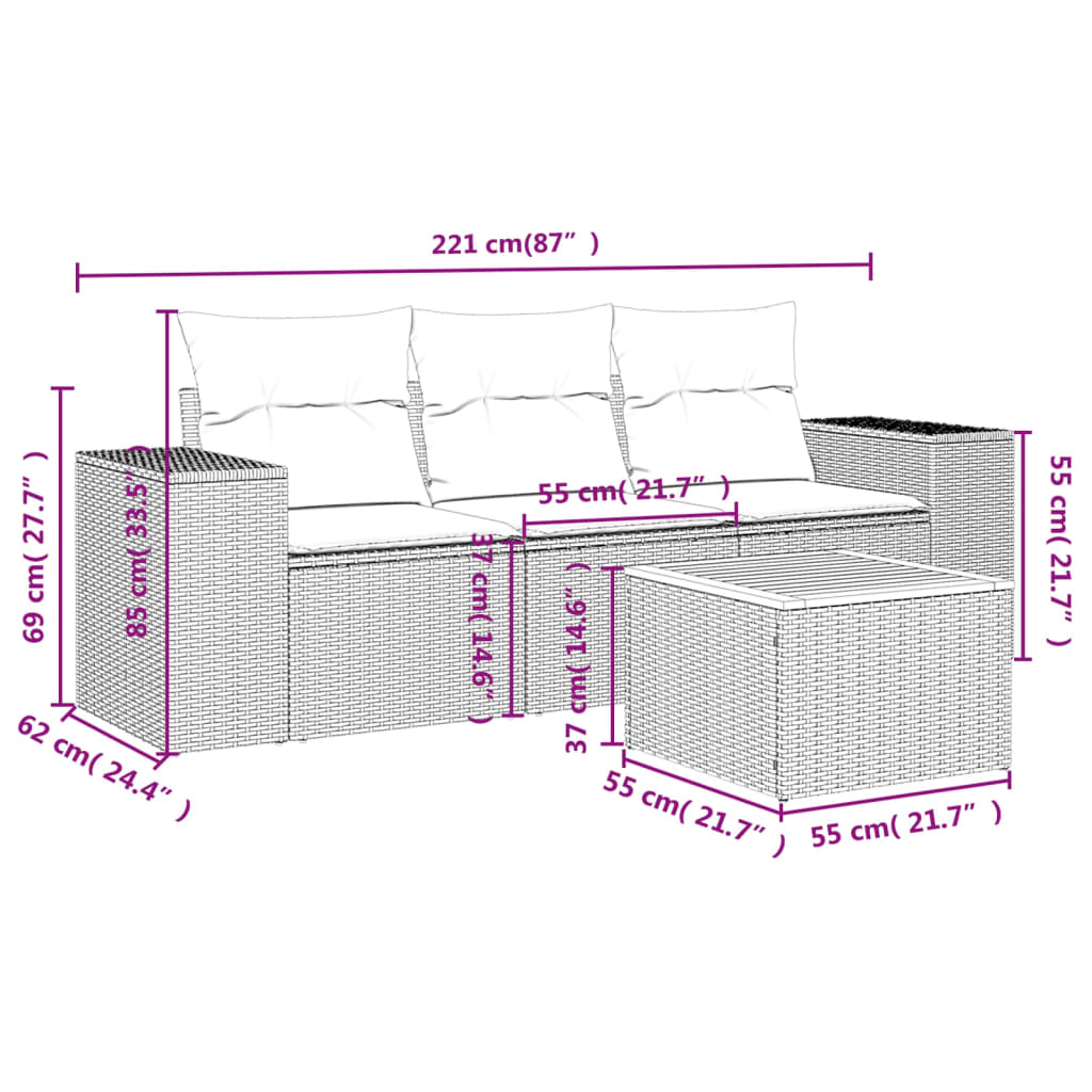 vidaXL 4-delige Loungeset met kussens poly rattan zwart