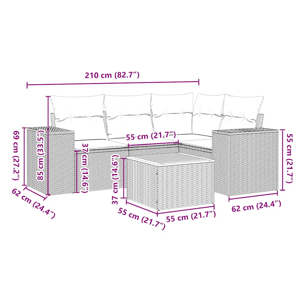 vidaXL 5-delige Loungeset met kussens poly rattan zwart