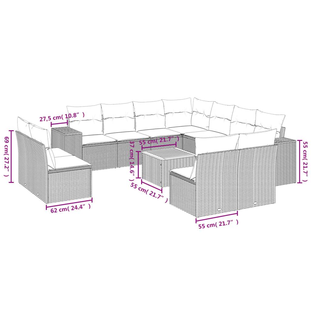 vidaXL 12-delige Loungeset met kussens poly rattan zwart