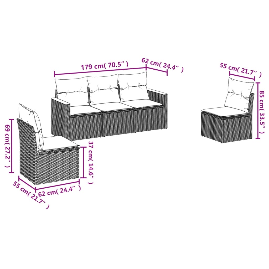 vidaXL 5-Piece Lounge Set with Cushions Poly Rattan Black