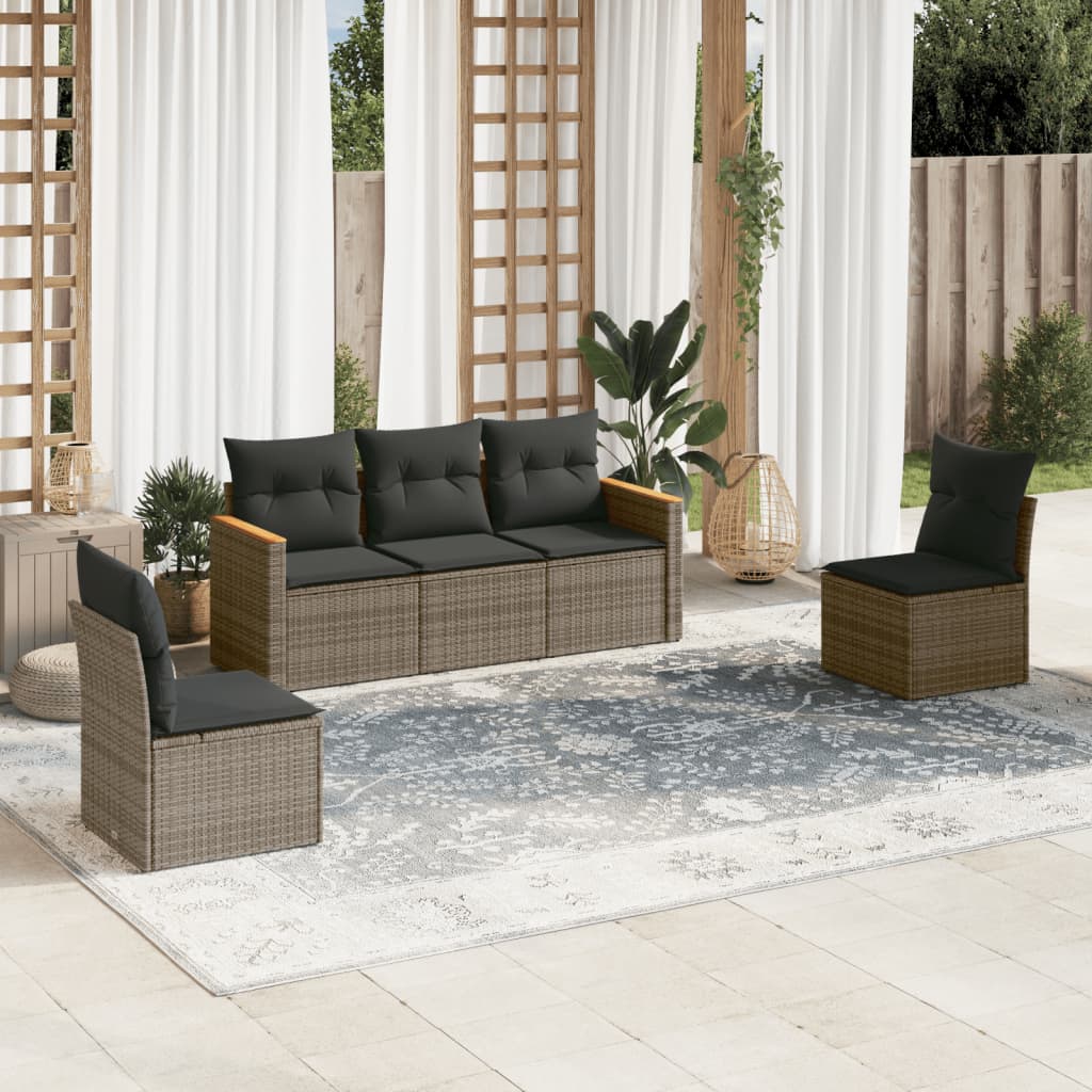 vidaXL 5-Piece Lounge Set with Cushions Poly Rattan Black