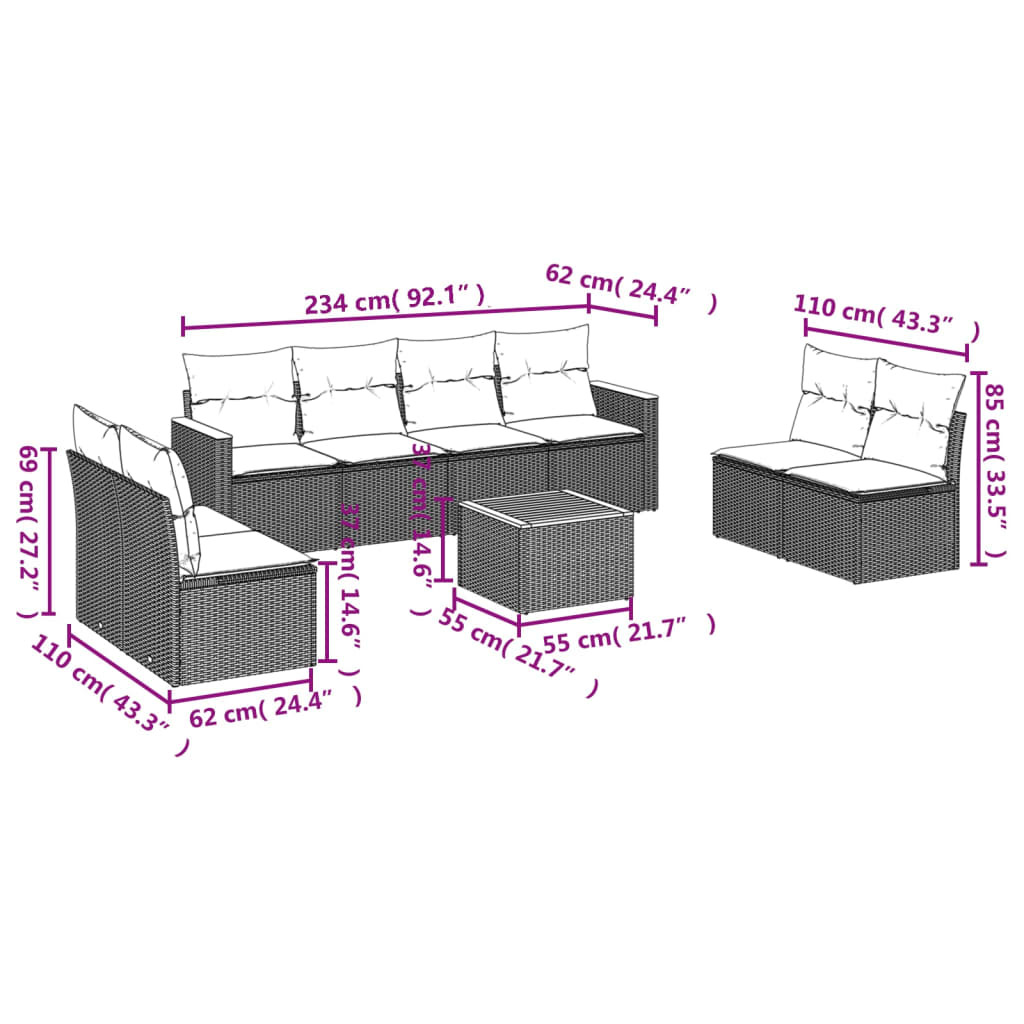 vidaXL 8-delige Loungeset met kussens poly rattan zwart