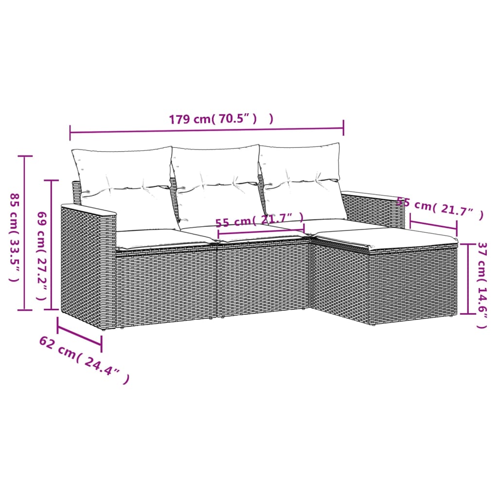 vidaXL 4-delige Loungeset met kussens poly rattan zwart