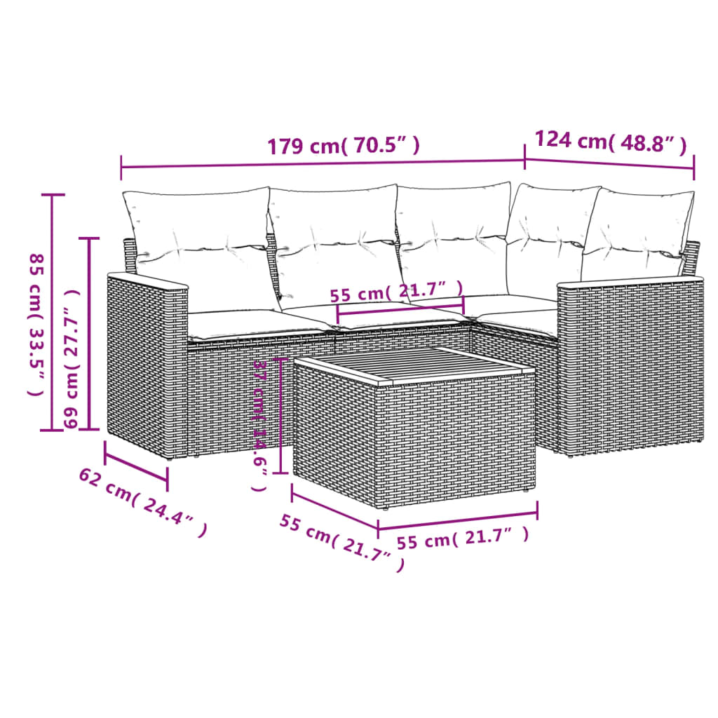 vidaXL 4-delige Loungeset met kussens poly rattan zwart