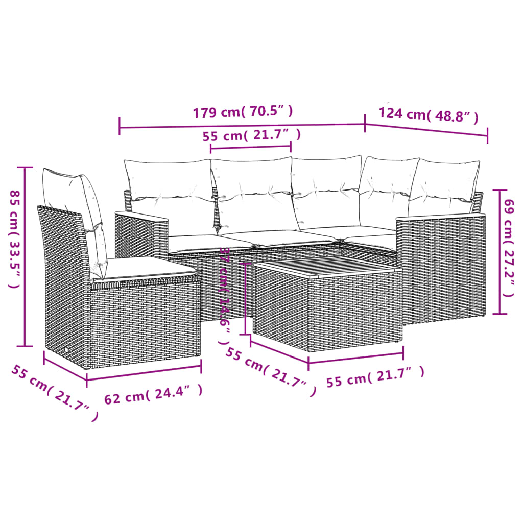 vidaXL 5-delige Loungeset met kussens poly rattan zwart