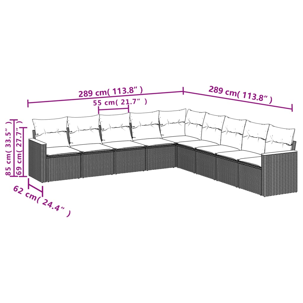 vidaXL 9-piece Poly Rattan Lounge Set with Cushions Black