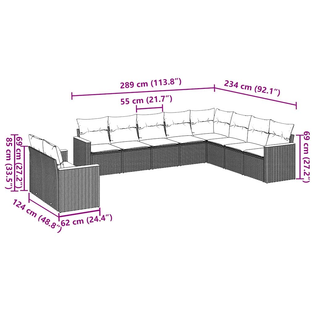 vidaXL 10-delige Loungeset met kussens poly rattan zwart