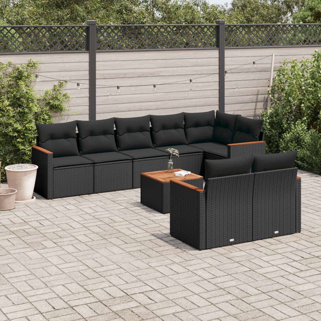 vidaXL 8-delige Loungeset met kussens poly rattan zwart