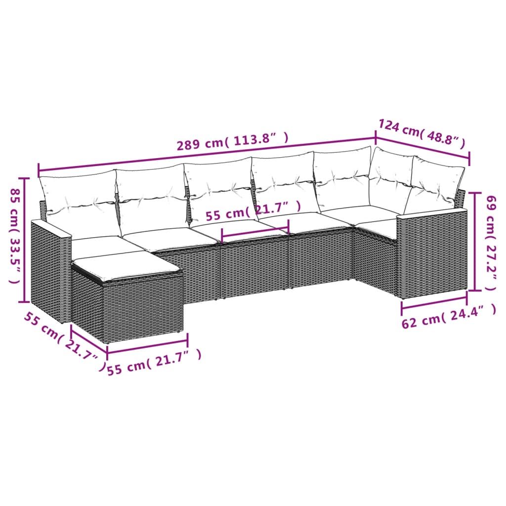 vidaXL 7-Piece Lounge Set with Cushions Poly Rattan Black