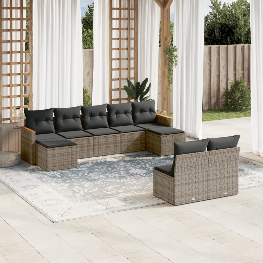 vidaXL 9-delige Loungeset met kussens poly rattan zwart